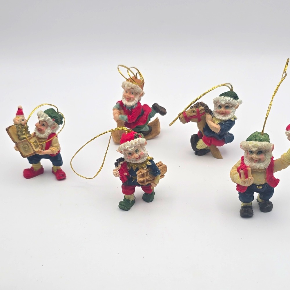 Lot of 5 Christmas Elf Mini Hanging Ornaments Multicolor 3 in Gold Cord vintage